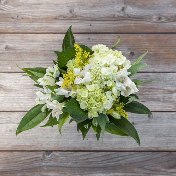 Posh Bouquet with fresh assortment of green and white hydrangeas, alstroemeria, and carnations