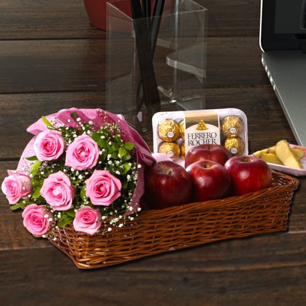 Pink Rose Bouquet with Apple and Ferrero Rocher - Same Day Delivery