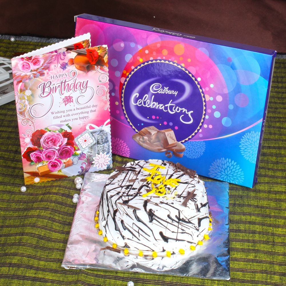 Vanilla Cake and Celebration Pack with Birthday Greeting Card - Same Day Delivery