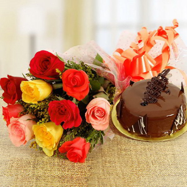 Mix Roses and Chocolate Cake Combo
