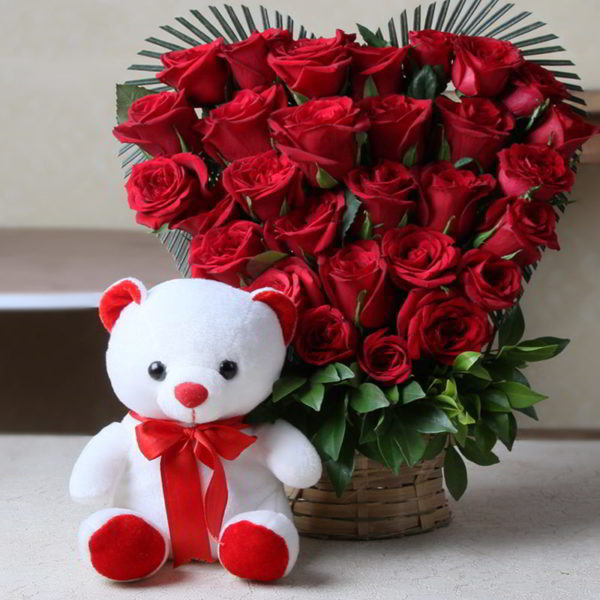 Heart Shape Arrangement of Roses with Teddy - Same Day Delivery