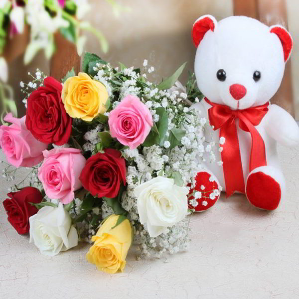 Mix Roses Bouquet with Teddy Bear - Same Day Delivery