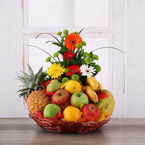 Gerberas Arrangement with Assorted Fresh Fruits - Same Day Delivery