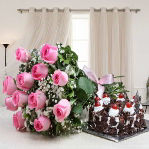 Bouquet of Pink Roses with Black Forest Cake