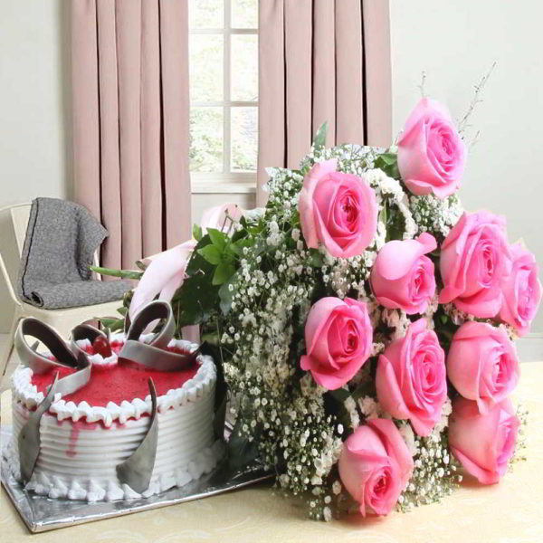 Hamper of Pink Roses with Strawberry Cake