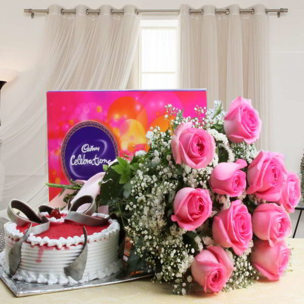 Cadbury Celebration Chocolate Pack and Pink Roses with Strawberry Cake - Same Day Delivery