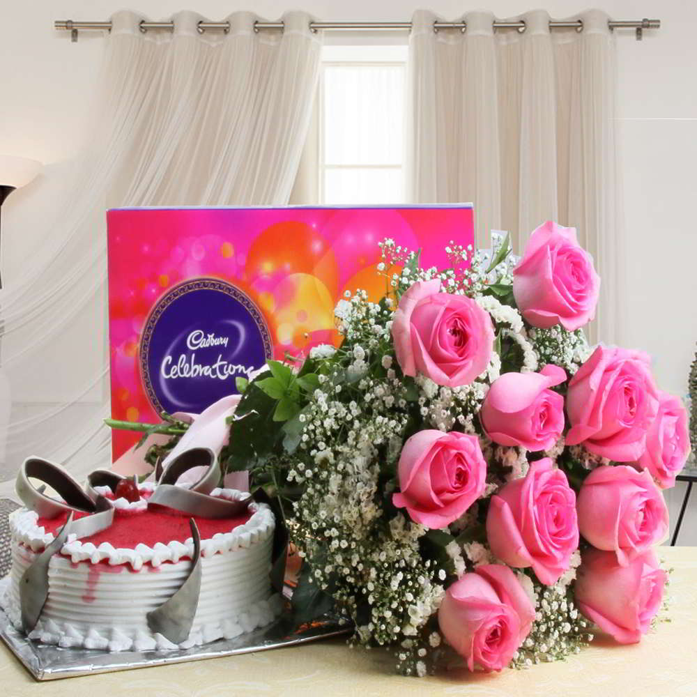 Cadbury Celebration Chocolate Pack and Pink Roses with Strawberry Cake - Same Day Delivery