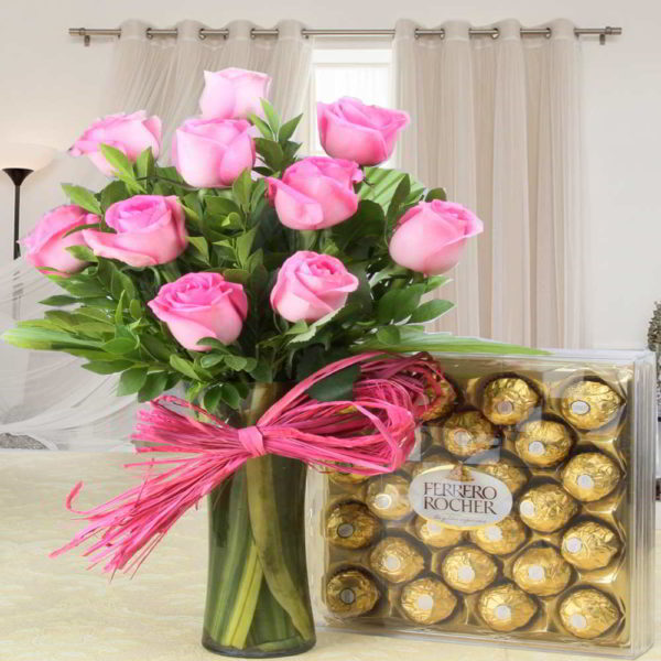 Stunning Ferrero Rocher Chocolate with Pink Roses Hamper - Same Day Delivery