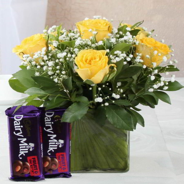 Cadbury Dairymilk Fruit n Nut Chocolate with Yellow Roses in Vase - Same Day Delivery