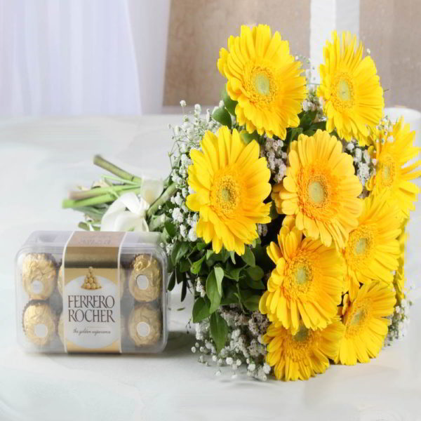 Ten Yellow Gerberas with Ferrero Rocher Chocolate Box - Same Day Delivery