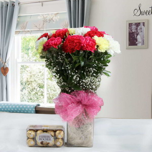 Vase of Two Dozen of Mix Carnation and Ferrero Rocher Chocolate Box - Same Day Delivery