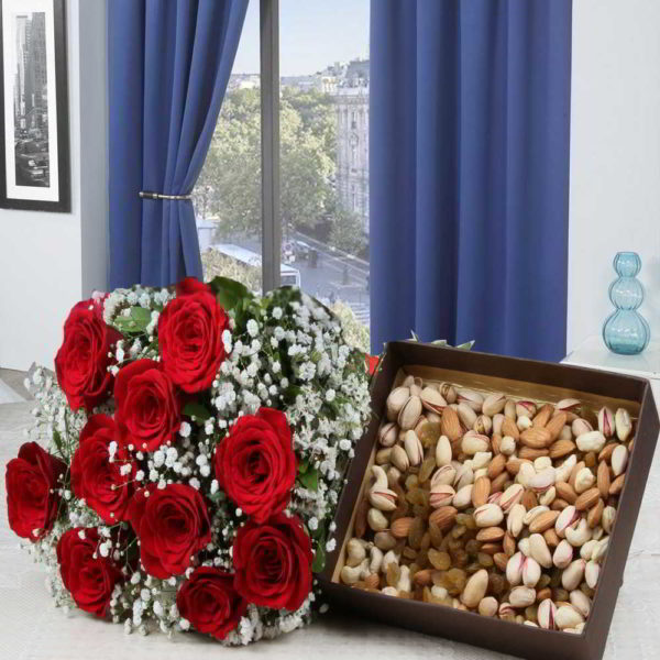 Delightful Red Roses Bouquet with Mixed Dryfruits - Same Day Delivery