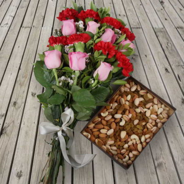 Assorted Dry Fruits with Roses and Carnation Bouquet - Same Day Delivery