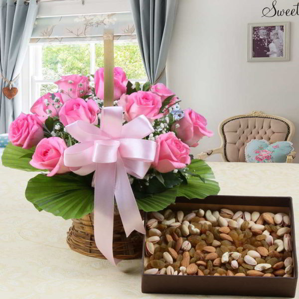 Roses Arrangement with Assorted Dry Fruits Box - Same Day Delivery