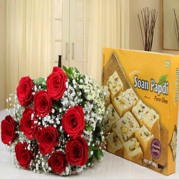 Soan Papdi Sweet Box with Roses Bouquet - Same Day Delivery