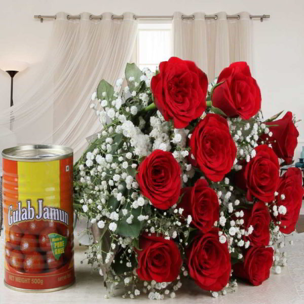 Delicious Gulab Jamun with Red Roses Bouquet Combo - Same Day Delivery