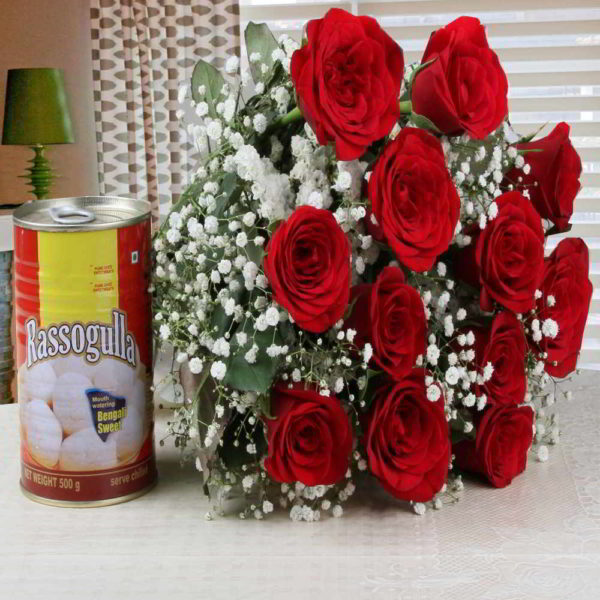 Charming Red Roses Bouquet with Rasgulla Combo - Same Day Delivery