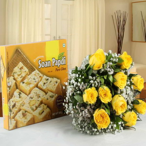 Tissue Wrapped Yellow Roses with Soan Papdi Box - Same Day Delivery