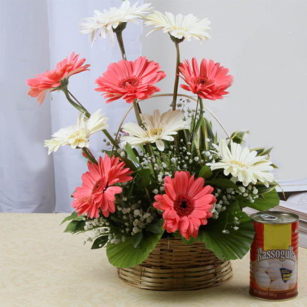 Rasgulla with Gerberas Flowers Arrangement - Same Day Delivery
