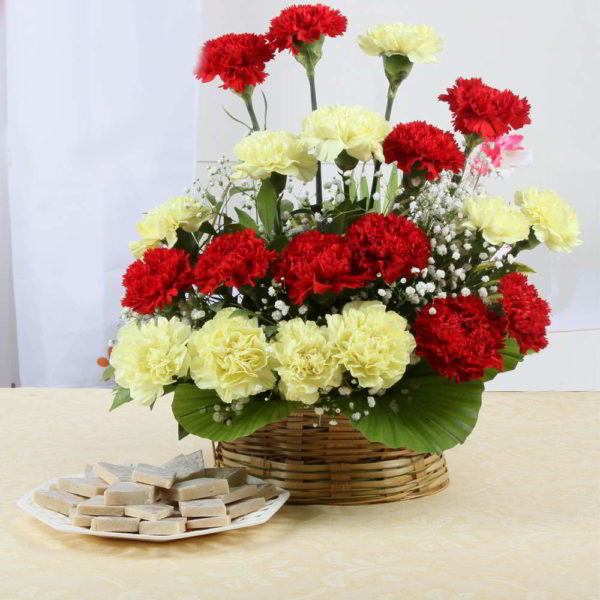 Kaju Katli Sweets with Carnation Arrangement - Same Day Delivery