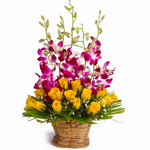 Basket of Yellow Roses with Purple Orchids - Same Day Delivery