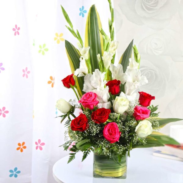 Exotic Vase Arrangement of Roses and Glads - Same Day Delivery
