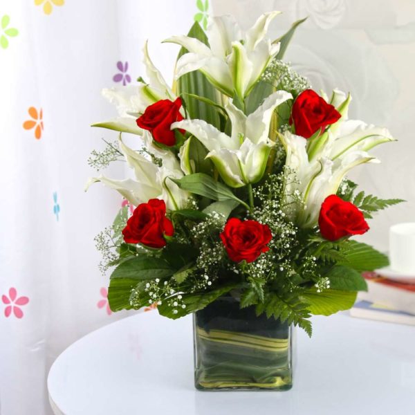 Red and White Flower Glass Vase - Same Day Delivery