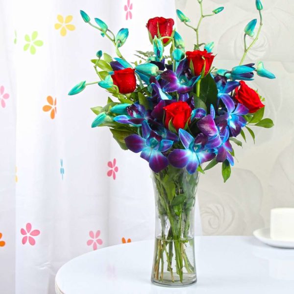Exotic Glass Vase of Ten Orchids and Roses - Same Day Delivery