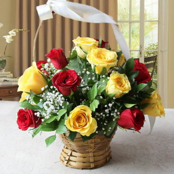 Red and Yellow Roses in a Basket - Same Day Delivery