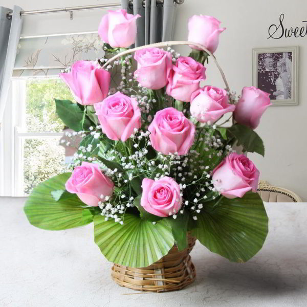 Twelve Pink Roses in a Basket - Same Day Delivery