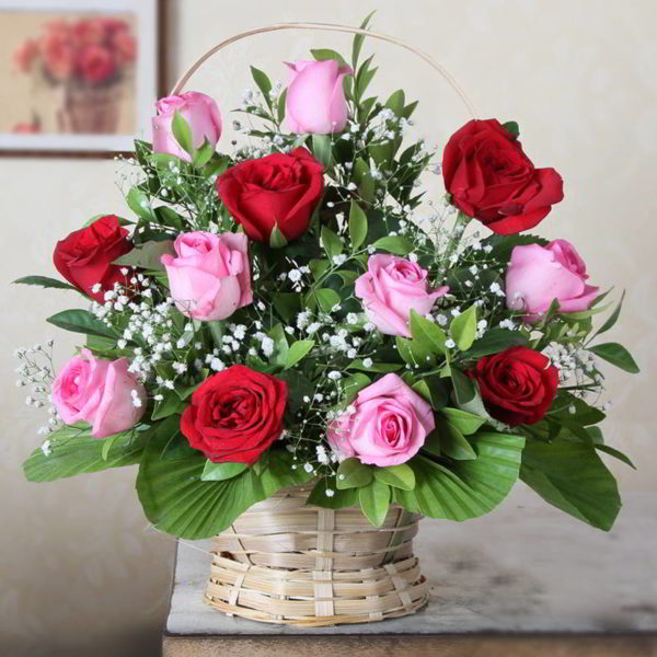 Twelve Red and Pink in a Basket - Same Day Delivery