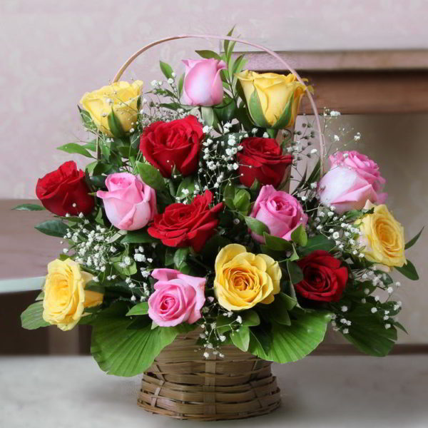 Exclusive Arrangement of Mix Roses in a Basket - Same Day Delivery