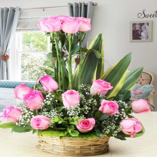 Delightful Arrangement of Pink Roses in Basket - Same Day Delivery