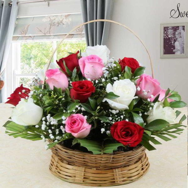 Basket Arrangement of Colorful Roses - Same Day Delivery