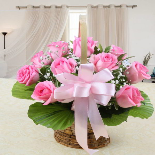 Basket Arrangement of Pink Roses - Same Day Delivery