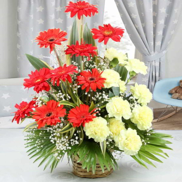 Arrangement of Yellow Carnations with Red Gerberas - Same Day Delivery