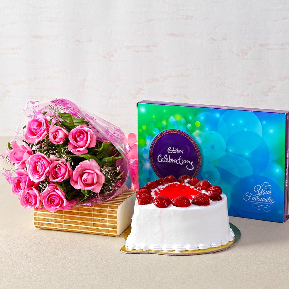 Treat of Strawberry Cake with Pink Roses and Chocolates - Same Day Delivery