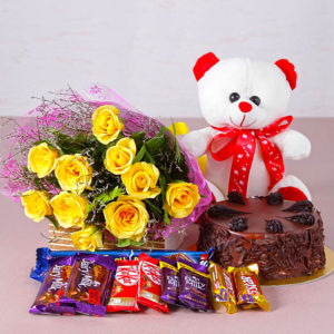 Delicious Birthday Treat for Her – This hamper consists Bouquet of Flowers like Colorful Roses with Yellow and Orange Gerberas along with Fresh Cream Chocolate Cake
