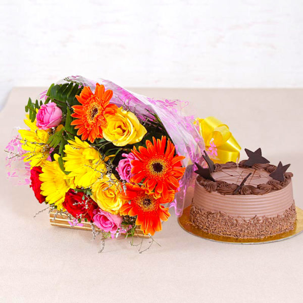 Assorted 15 flowers Bunch with Chocolate Cake. The bunch includes Colorful Roses with Yellow and Orange Gerberas