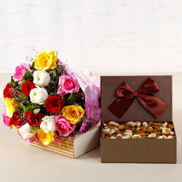 Bouquet of Twenty Mix Color Roses with Assorted Dry Fruits Box - Same Day Delivery