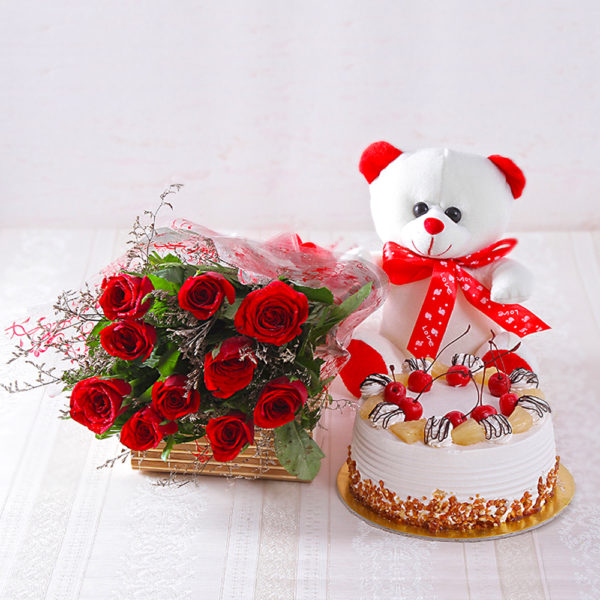 Ten Red Roses with Pineapple cake and Teddy Bear