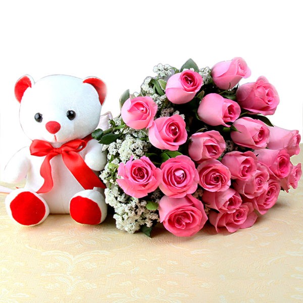 Exclusive Bunch of Pink Roses with Small Teddy Bear - Same Day Delivery