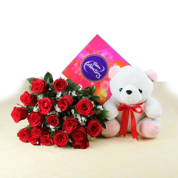 Soft Toy with Celebration Chocolates and Red Roses - Same Day Delivery