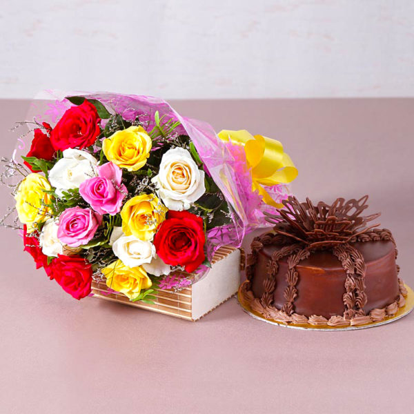 Fifteen Colorful Roses Bouquet with One Kg Chocolate cake