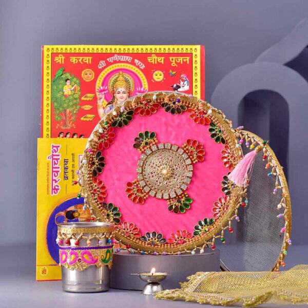 Pink Beads & Crystals Karwachauth Pooja Thali