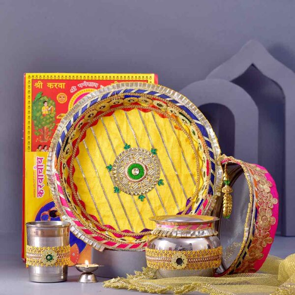 Traditional Yellow Karwachauth PoojaThali