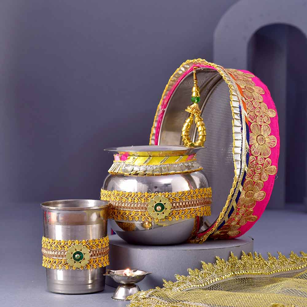 Traditional Yellow Karwachauth PoojaThali