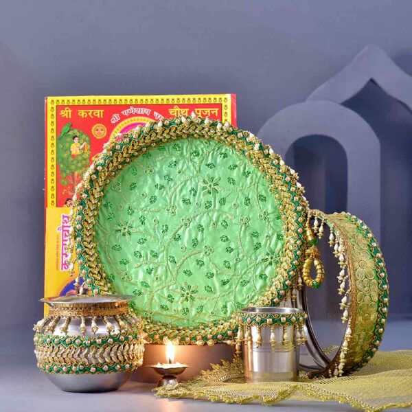 Floral Green Karwachauth PoojaThali