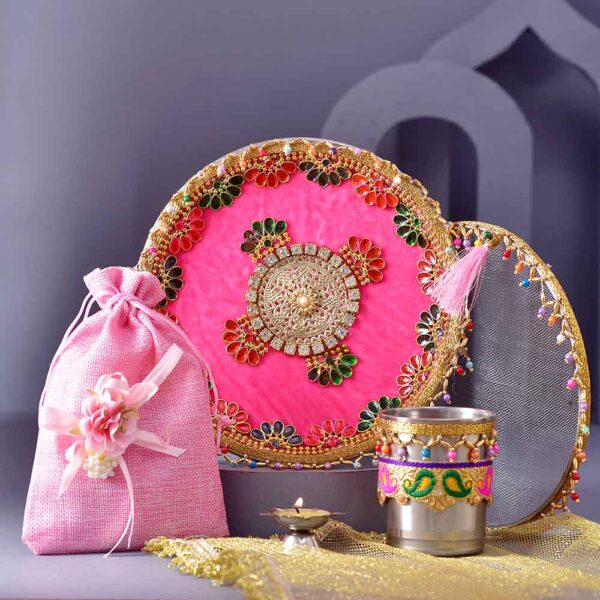 Pink Beads & Crystals Karwachauth PoojaThali & Potli Combo