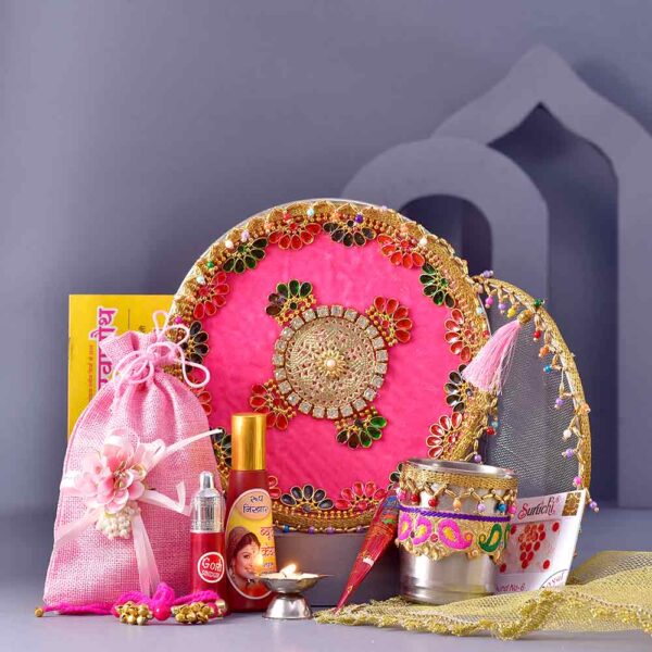 Pink Beads & Crystals Karwachauth PoojaThali & Potli Combo